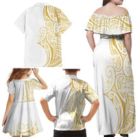 Polynesia White Sunday Family Matching Off Shoulder Maxi Dress and Hawaiian Shirt Plumeria Polynesian Tribal Gold Color - Polynesian Pride