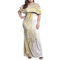 Polynesia White Sunday Family Matching Off Shoulder Maxi Dress and Hawaiian Shirt Plumeria Polynesian Tribal Gold Color - Polynesian Pride