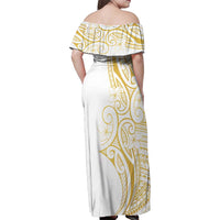 Polynesia White Sunday Family Matching Off Shoulder Maxi Dress and Hawaiian Shirt Plumeria Polynesian Tribal Gold Color - Polynesian Pride
