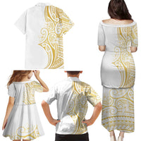 Polynesia White Sunday Family Matching Puletasi and Hawaiian Shirt Plumeria Polynesian Tribal Gold Color - Polynesian Pride
