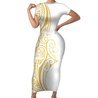 Polynesia White Sunday Family Matching Short Sleeve Bodycon Dress and Hawaiian Shirt Plumeria Polynesian Tribal Gold Color - Polynesian Pride