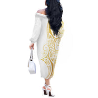 Polynesia White Sunday Off The Shoulder Long Sleeve Dress Plumeria Polynesian Tribal Gold Color - Polynesian Pride