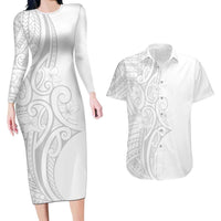 Polynesia White Sunday Couples Matching Long Sleeve Bodycon Dress and Hawaiian Shirt Plumeria Polynesian Tribal Grey Color - Polynesian Pride