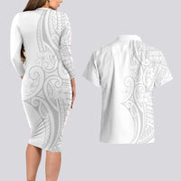 Polynesia White Sunday Couples Matching Long Sleeve Bodycon Dress and Hawaiian Shirt Plumeria Polynesian Tribal Grey Color - Polynesian Pride