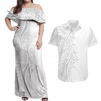 Polynesia White Sunday Couples Matching Off Shoulder Maxi Dress and Hawaiian Shirt Plumeria Polynesian Tribal Grey Color - Polynesian Pride