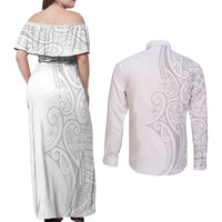 Polynesia White Sunday Couples Matching Off Shoulder Maxi Dress and Long Sleeve Button Shirt Plumeria Polynesian Tribal Grey Color - Polynesian Pride