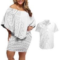 Polynesia White Sunday Couples Matching Off Shoulder Short Dress and Hawaiian Shirt Plumeria Polynesian Tribal Grey Color - Polynesian Pride