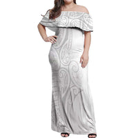 Polynesia White Sunday Off Shoulder Maxi Dress Plumeria Polynesian Tribal Grey Color - Polynesian Pride