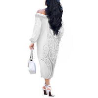 Polynesia White Sunday Off The Shoulder Long Sleeve Dress Plumeria Polynesian Tribal Grey Color - Polynesian Pride
