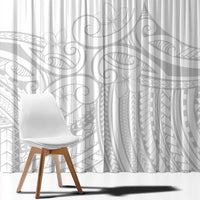 Polynesia White Sunday Window Curtain Plumeria Polynesian Tribal Grey Color - Polynesian Pride