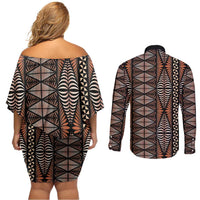 Malo e lelei Tonga Couples Matching Off Shoulder Short Dress and Long Sleeve Button Shirt Tongan Ngatu Vintage Brown - Polynesian Pride