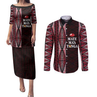 Tonga Rugby Personalised Couples Matching Puletasi and Long Sleeve Button Shirt 2025 Mate Maa Tonga Ngatu Motif - Polynesian Pride