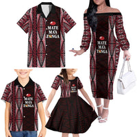Tonga Rugby Personalised Family Matching Off The Shoulder Long Sleeve Dress and Hawaiian Shirt 2025 Mate Maa Tonga Ngatu Motif - Polynesian Pride