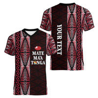 Tonga Rugby Personalised Women V-Neck T-Shirt 2025 Mate Maa Tonga Ngatu Motif - Polynesian Pride