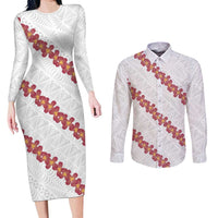 White Sunday Tonga Fakame Couples Matching Long Sleeve Bodycon Dress and Long Sleeve Button Shirt Tongan Ngatu Heilala Lei - Polynesian Pride