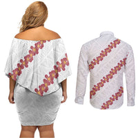 White Sunday Tonga Fakame Couples Matching Off Shoulder Short Dress and Long Sleeve Button Shirt Tongan Ngatu Heilala Lei - Polynesian Pride