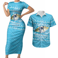 Aloha Hawaii Humuhumu Reef Triggerfish Couples Matching Short Sleeve Bodycon Dress and Hawaiian Shirt Hawaiian Leis Kakau Pattern LT14 Blue - Polynesian Pride
