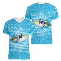 Aloha Hawaii Humuhumu Reef Triggerfish Women V-Neck T-Shirt Hawaiian Leis Kakau Pattern LT14 - Polynesian Pride