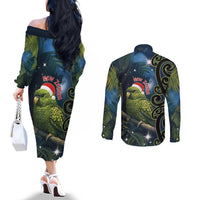 New Zealand Christmas Couples Matching Off The Shoulder Long Sleeve Dress and Long Sleeve Button Shirt Cute Kakapo Meri Kirihimete Maori Koru