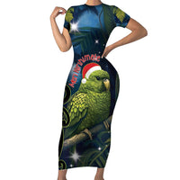 New Zealand Christmas Short Sleeve Bodycon Dress Cute Kakapo Meri Kirihimete Maori Koru