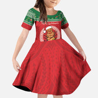 Personalized Hawaii Christmas Family Matching Summer Maxi Dress and Hawaiian Shirt Tiki Santa Mele Kalikimaka LT14 Daughter's Dress Red - Polynesian Pride