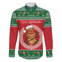 Personalized Hawaii Christmas Family Matching Summer Maxi Dress and Hawaiian Shirt Tiki Santa Mele Kalikimaka LT14 Dad's Shirt - Long Sleeve Red - Polynesian Pride