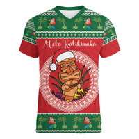 Personalized Hawaii Christmas Women V-Neck T-Shirt Tiki Santa Mele Kalikimaka LT14 Female Red - Polynesian Pride