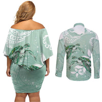 Happy Valentine's Day Polynesia Couples Matching Off Shoulder Short Dress and Long Sleeve Button Shirt SeaTurtle Couple Polynesian - Green Lester Color