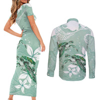 Happy Valentine's Day Polynesia Couples Matching Short Sleeve Bodycon Dress and Long Sleeve Button Shirt SeaTurtle Couple Polynesian - Green Lester Color