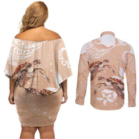 Happy Valentine's Day Polynesia Couples Matching Off Shoulder Short Dress and Long Sleeve Button Shirt SeaTurtle Couple Polynesian - Desert Sand Color