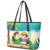 Hawaii Penguin Couple Leather Tote Bag Hawaiian Kakau - Tropical Summer Vibes