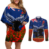 New Zealand ANZAC Day Couples Matching Off Shoulder Short Dress and Long Sleeve Button Shirt 25 April Last Post Camouflage With Poppies LT14 Blue - Polynesian Pride