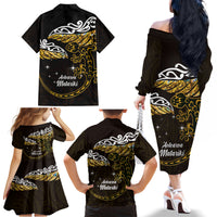 New Zealand Matariki Family Matching Off The Shoulder Long Sleeve Dress and Hawaiian Shirt Maori New Year Silver Fern And Lizard - Gold