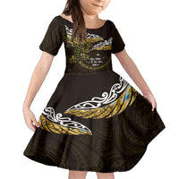 New Zealand Matariki Family Matching Short Sleeve Bodycon Dress and Hawaiian Shirt Maori New Year Silver Fern And Lizard - Gold LT14 Daughter's Dress Gold - Polynesian Pride