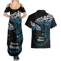 New Zealand Matariki Couples Matching Summer Maxi Dress and Hawaiian Shirt Maori New Year Silver Fern And Lizard - Turquosie