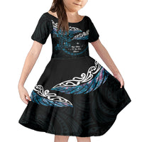 New Zealand Matariki Family Matching Short Sleeve Bodycon Dress and Hawaiian Shirt Maori New Year Silver Fern And Lizard - Turquosie LT14 Daughter's Dress Turquoise - Polynesian Pride