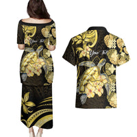 Personalised Aloha Hawaii Oahu Island Couples Matching Puletasi and Hawaiian Shirt Gathering Place Sea Turtle Ilima Flowers