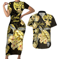 Personalised Aloha Hawaii Oahu Island Couples Matching Short Sleeve Bodycon Dress and Hawaiian Shirt Gathering Place Sea Turtle Ilima Flowers