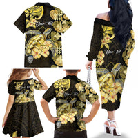 Personalised Aloha Hawaii Oahu Island Family Matching Off The Shoulder Long Sleeve Dress and Hawaiian Shirt Gathering Place Sea Turtle Ilima Flowers