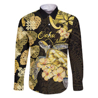 Personalised Aloha Hawaii Oahu Island Family Matching Off The Shoulder Long Sleeve Dress and Hawaiian Shirt Gathering Place Sea Turtle Ilima Flowers