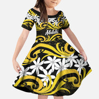 Personalised Cook Islands Aitutaki Family Matching Puletasi and Hawaiian Shirt Tiare Maori Polynesian Waves Tattoo LT14 Daughter's Dress Yellow - Polynesian Pride