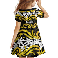 Personalised Cook Islands Aitutaki Kid Short Sleeve Dress Tiare Maori Polynesian Waves Tattoo LT14 - Polynesian Pride
