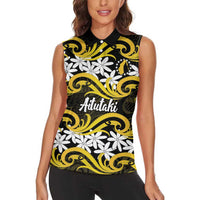 Personalised Cook Islands Aitutaki Women Sleeveless Polo Shirt Tiare Maori Polynesian Waves Tattoo