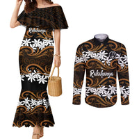 Personalised Cook Islands Rakahanga Couples Matching Mermaid Dress and Long Sleeve Button Shirt Tiare Maori Polynesian Waves Tattoo