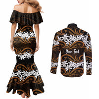 Personalised Cook Islands Rakahanga Couples Matching Mermaid Dress and Long Sleeve Button Shirt Tiare Maori Polynesian Waves Tattoo