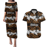 Personalised Cook Islands Rakahanga Couples Matching Puletasi and Hawaiian Shirt Tiare Maori Polynesian Waves Tattoo