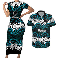 Personalised Cook Islands Penrhyn Atoll Couples Matching Short Sleeve Bodycon Dress and Hawaiian Shirt Tiare Maori Polynesian Waves Tattoo