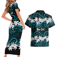 Personalised Cook Islands Penrhyn Atoll Couples Matching Short Sleeve Bodycon Dress and Hawaiian Shirt Tiare Maori Polynesian Waves Tattoo