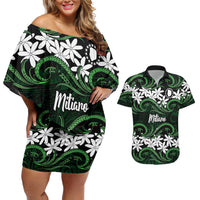 Personalised Cook Islands Mitiaro Couples Matching Off Shoulder Short Dress and Hawaiian Shirt Tiare Maori Polynesian Waves Tattoo