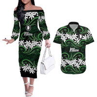Personalised Cook Islands Mitiaro Couples Matching Off The Shoulder Long Sleeve Dress and Hawaiian Shirt Tiare Maori Polynesian Waves Tattoo